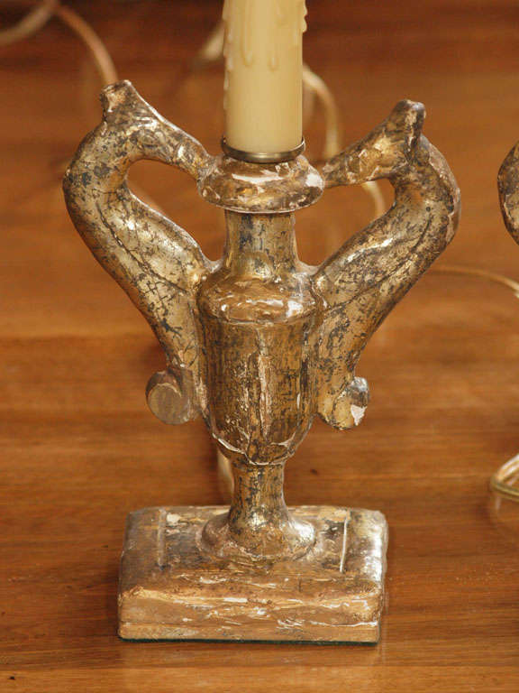 Wood Pair Italian Giltwood Lamps with griffin handles