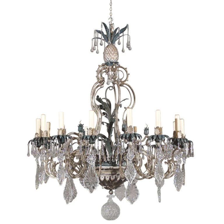 Antique Chandelier. Painted iron and crystal chandelier For Sale