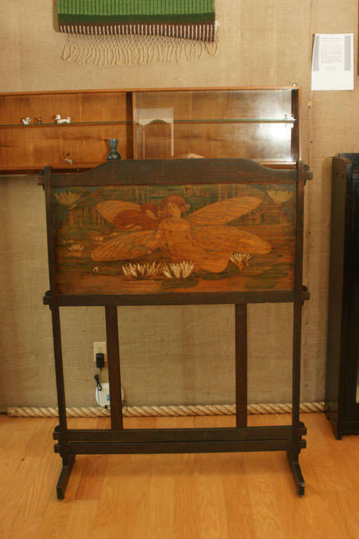Art Nouveau Mermaid and Seahorses/Water Nymph with Waterlilies Set in Arts & Crafts fumed Oak screen.