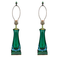 A Pair of Deep Green Murano Glass Lamps