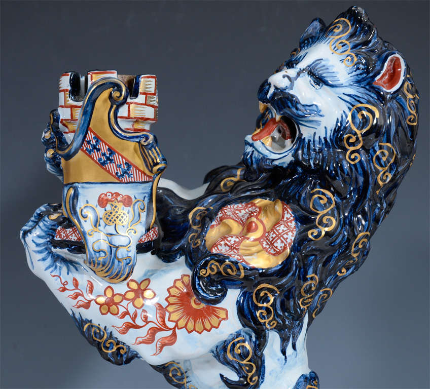 Pair of Antique Lion Form Porcelain Candleholders by Emile Galle 1