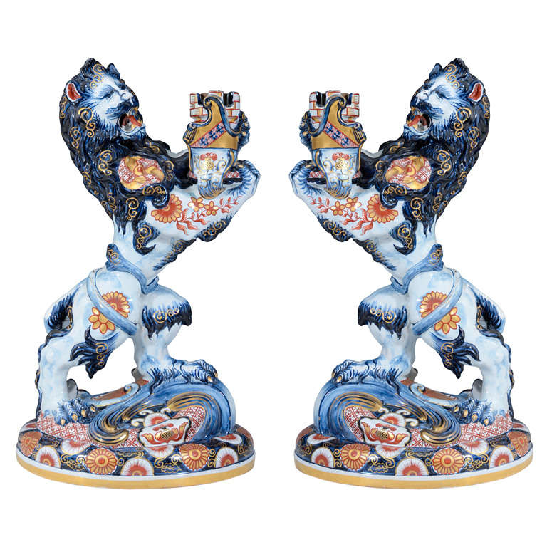 Pair of Antique Lion Form Porcelain Candleholders by Emile Galle