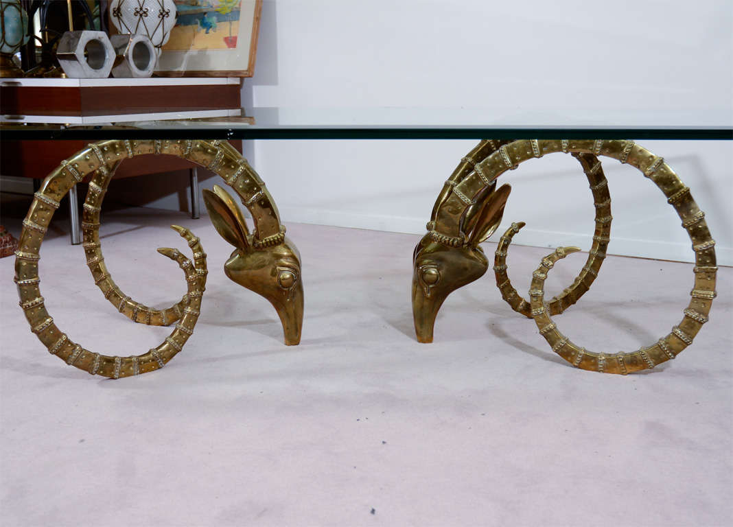 American Mid Century Coffee Table with Brass Ibex Head Bases