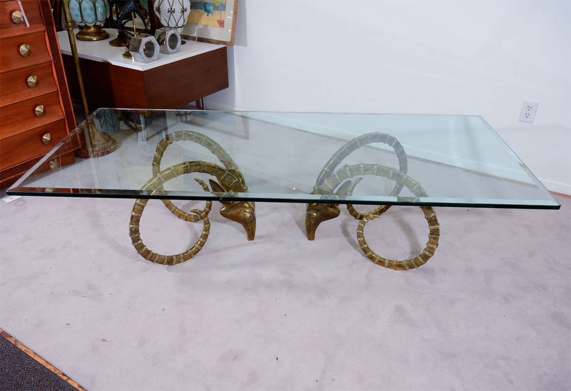 Mid Century Coffee Table with Brass Ibex Head Bases 1