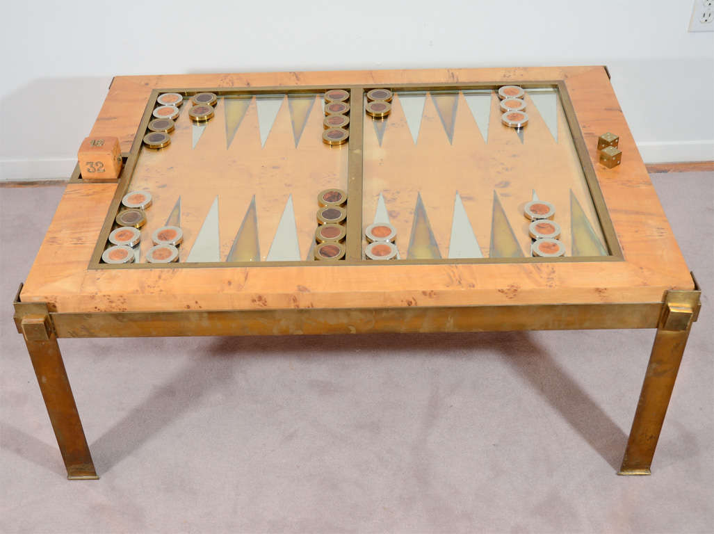 Backgammon table by Tomasso Barbi in burl wood with brass and chrome detailing. Includes fifteen brass and chrome game pieces, two dice and burl wood doubling piece.