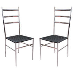 Pair of Mid Century Chrome High Back Chairs w/ Gio Ponti Lines