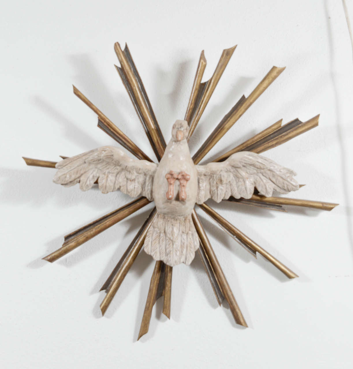 Italian, Wood carved holy spirt dove burst from the 19th century.
Used above alters in the catholic church and above scenes of mary and Jesus.