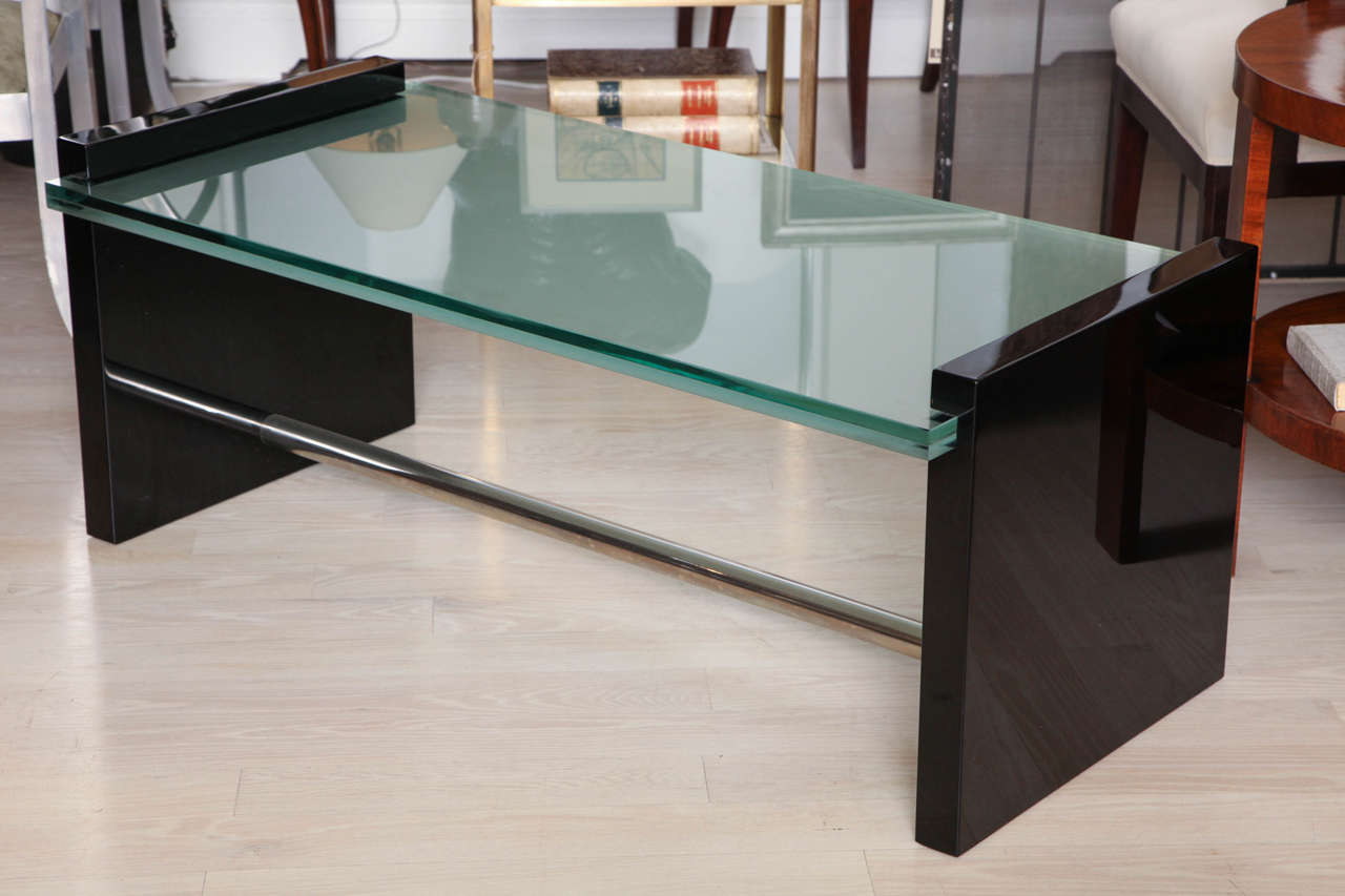 Black Lacquer and Glass Coffee Table Attributed to Jacques Adnet, France, 1970s
