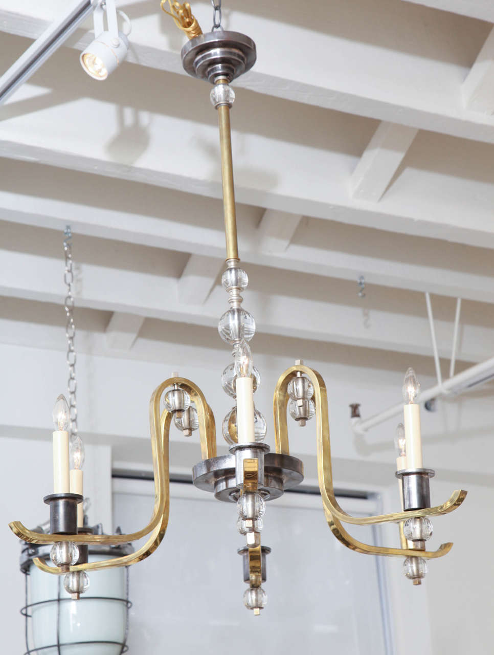 French Brass, Polished Steel and Glass Chandelier