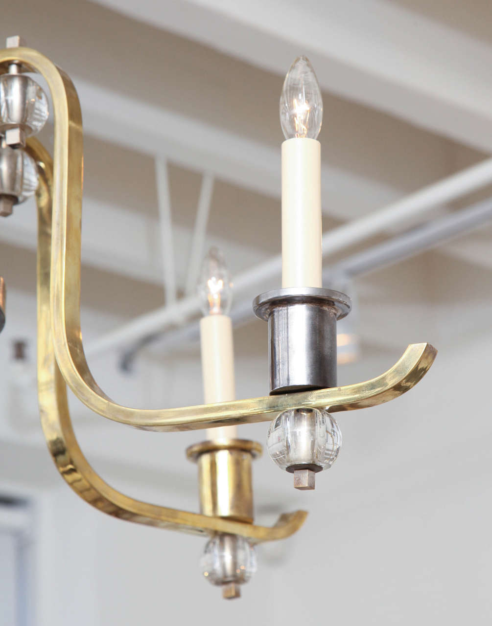 Brass, Polished Steel and Glass Chandelier In Excellent Condition In New York, NY