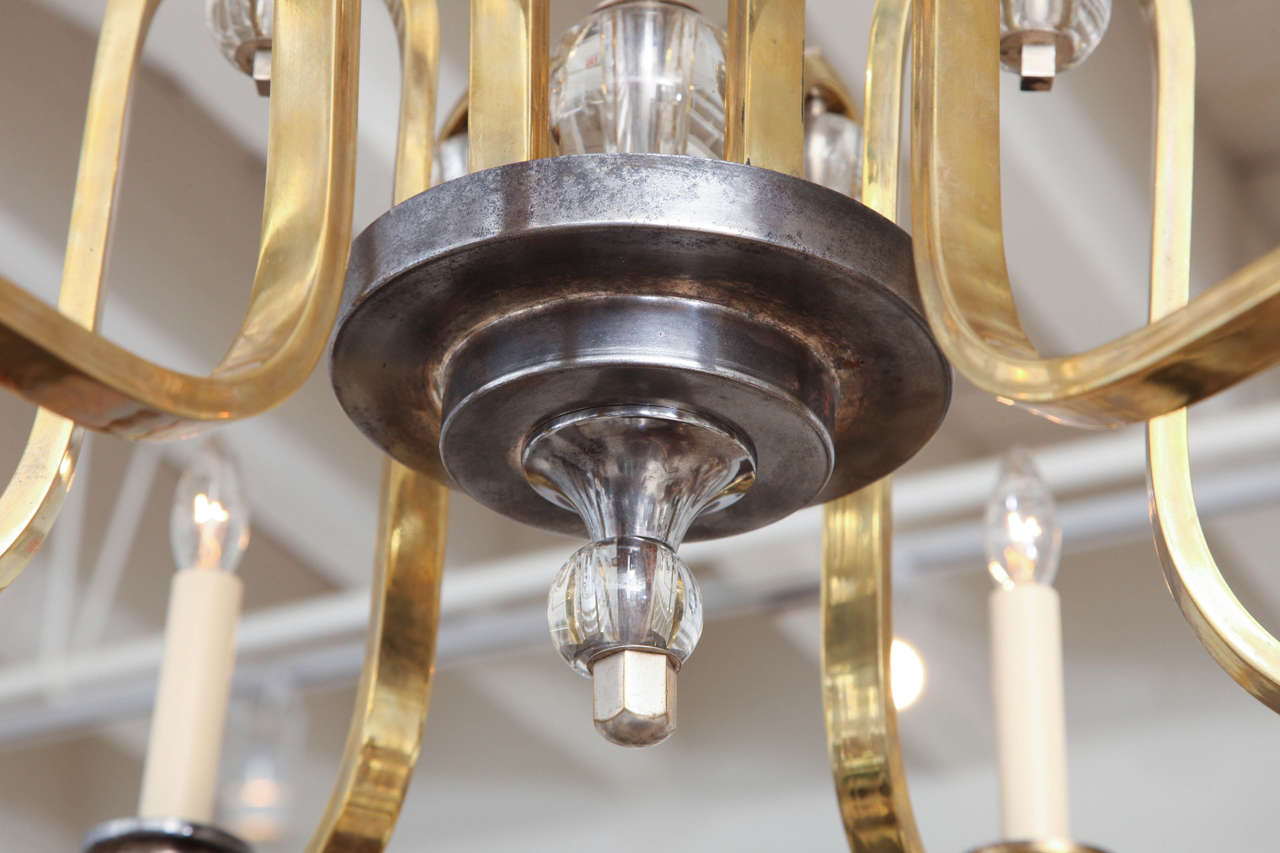 Mid-20th Century Brass, Polished Steel and Glass Chandelier