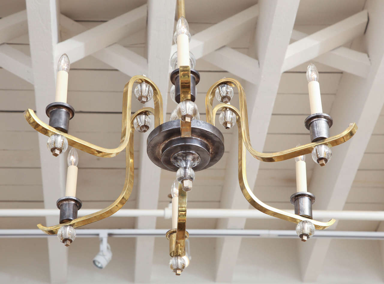 Brass, Polished Steel and Glass Chandelier 5