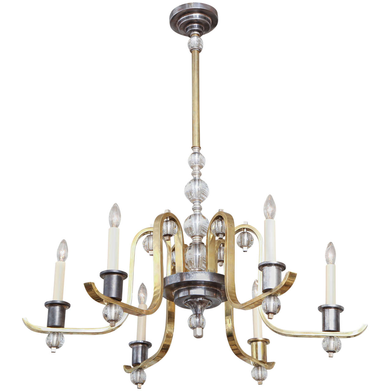 Brass, Polished Steel and Glass Chandelier