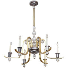 Brass, Polished Steel and Glass Chandelier