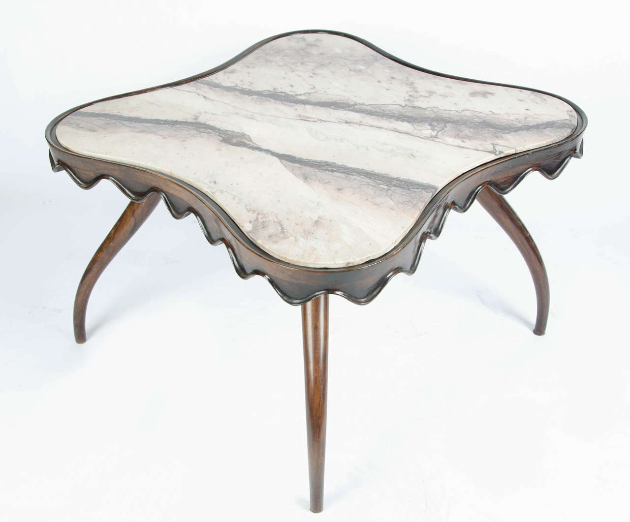 A beautiful and elegant occasional table in mahogany and beautiful marble top by Paolo Buffa 1940s. There are strong similarities of design with Jean Royere, as the two worked together with the project of King Farouk Palace in Cairo