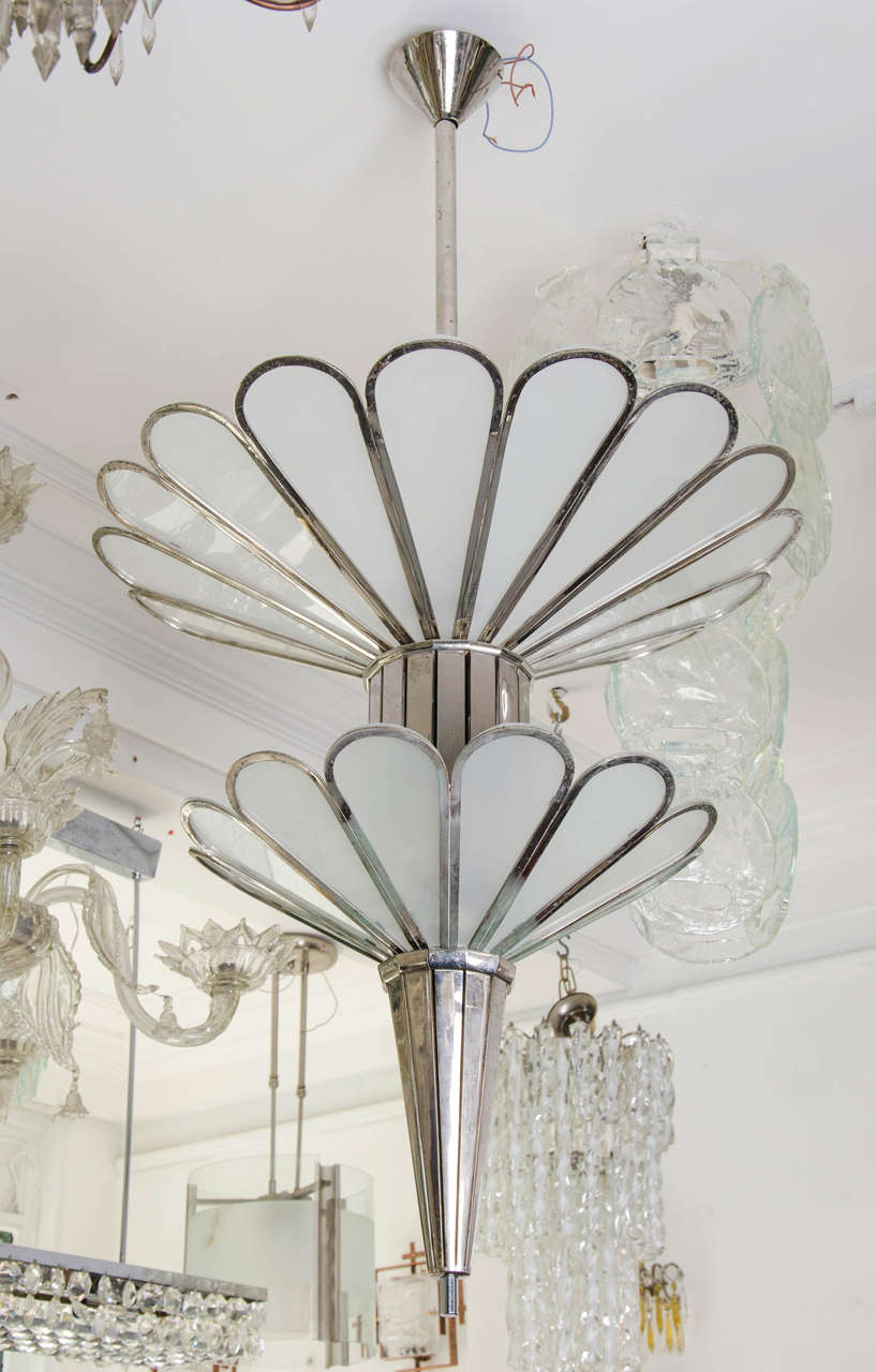 An elegant chrome and frosted glass chandelier 1930s French.