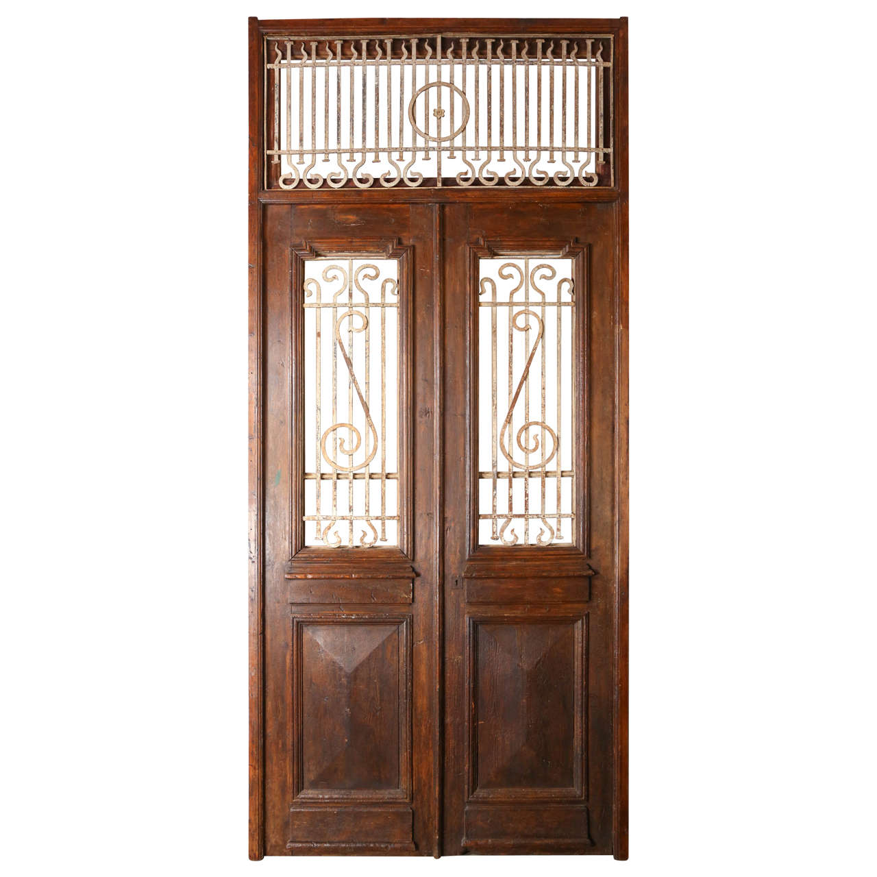 Set of French Painted Double Entry Door with Iron Insert For Sale