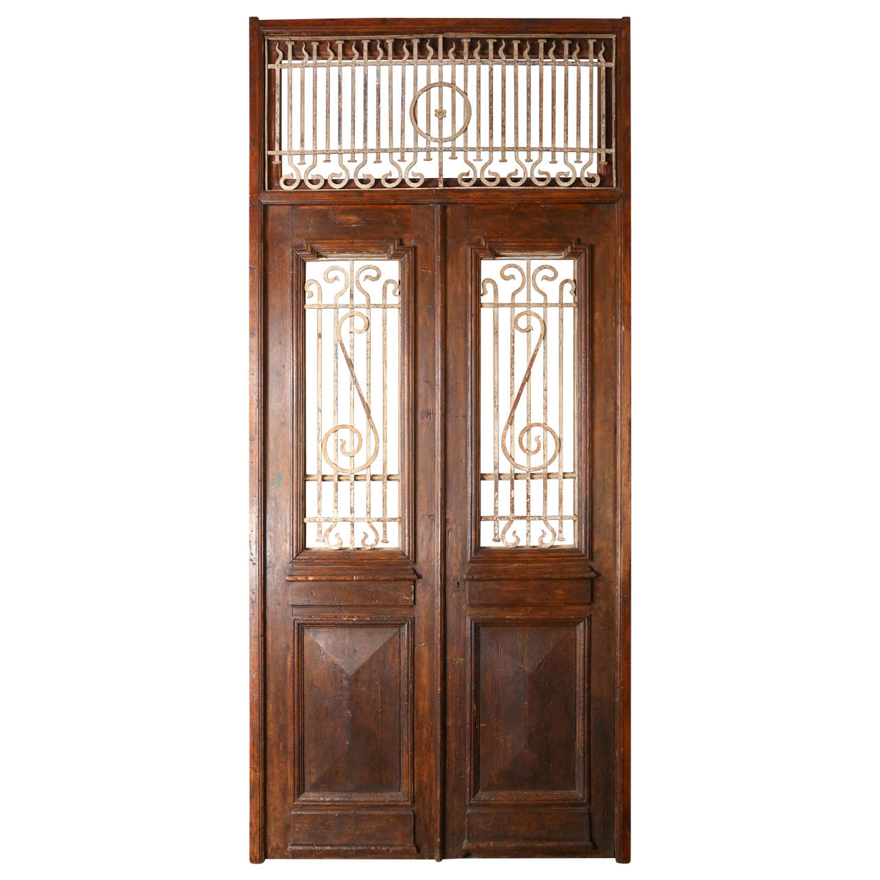 Set of French Painted Double Entry Door with Iron Insert For Sale at