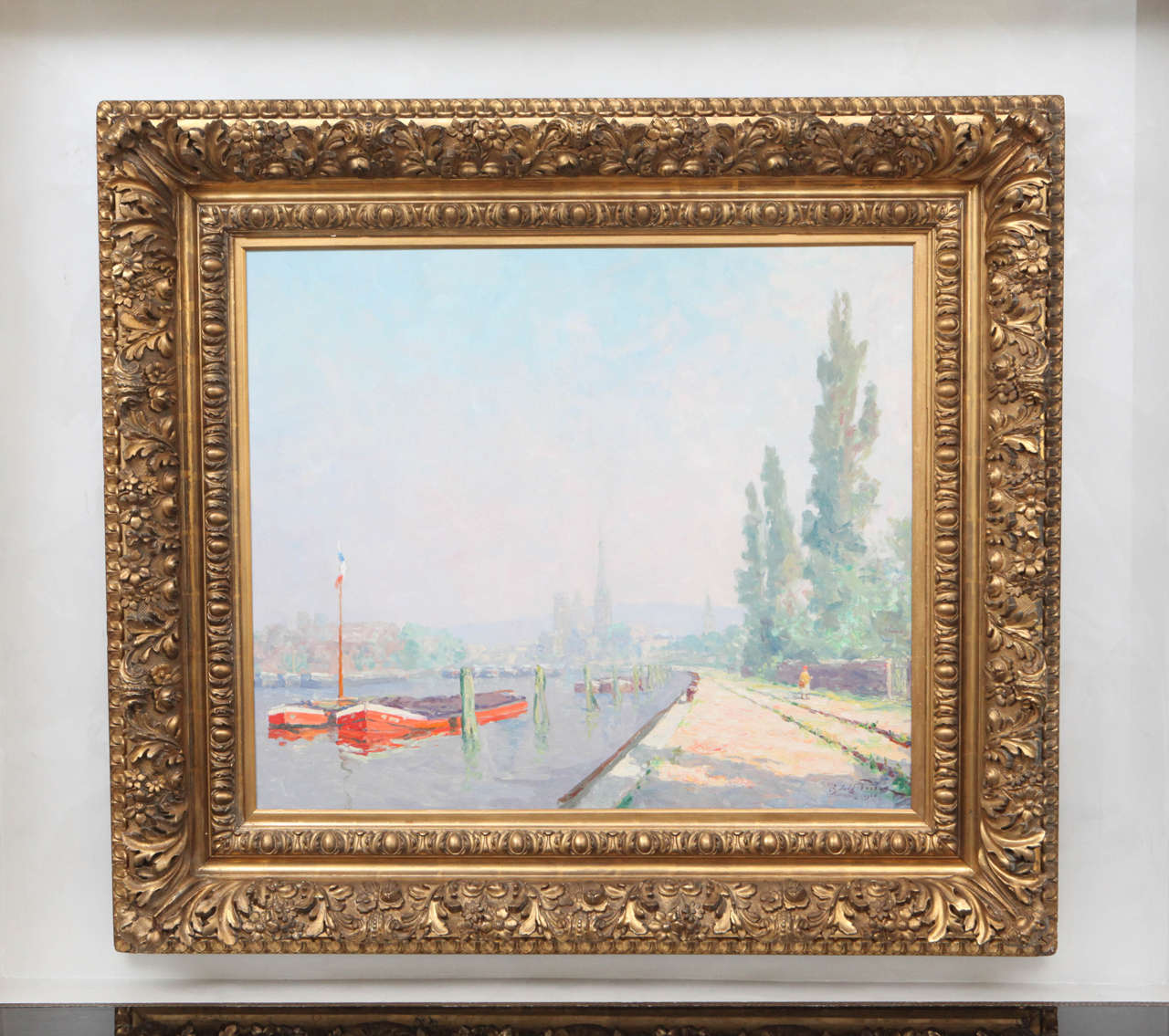 1926 Oswald Poreau oil painting of river scene in a giltwood and gesso frame. The frame measurement is D=4 inches, H=43 inches, W= 49 inches. The measurement below is for the image.