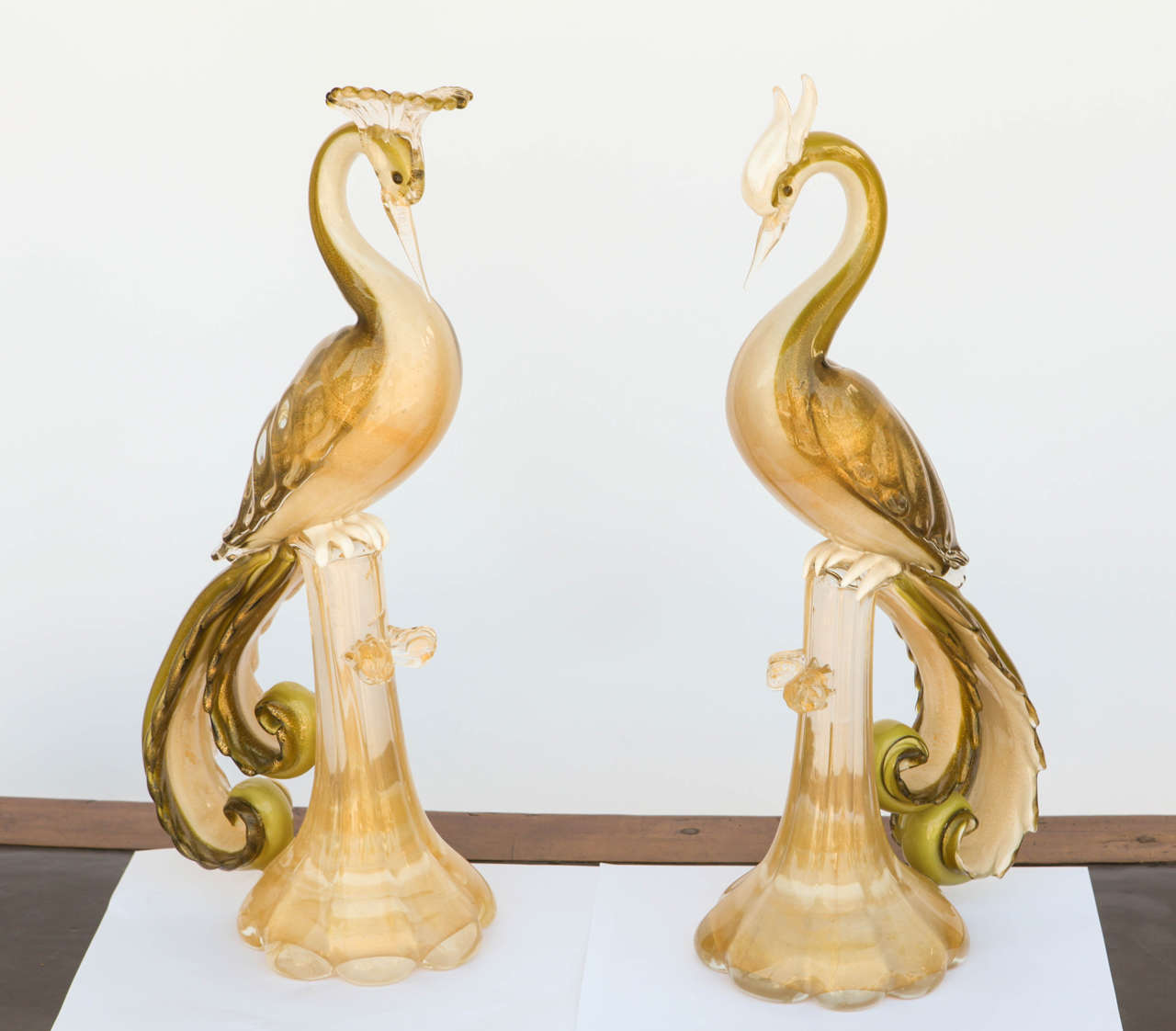 1950s - 1960s Pair of Italian Barbini Birds of Paradise in Olive Greens and Golds.