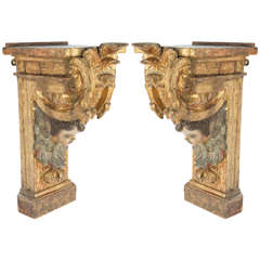 Pair of 18th Century Italian Carved Giltwood and Polychromed Wall Brackets