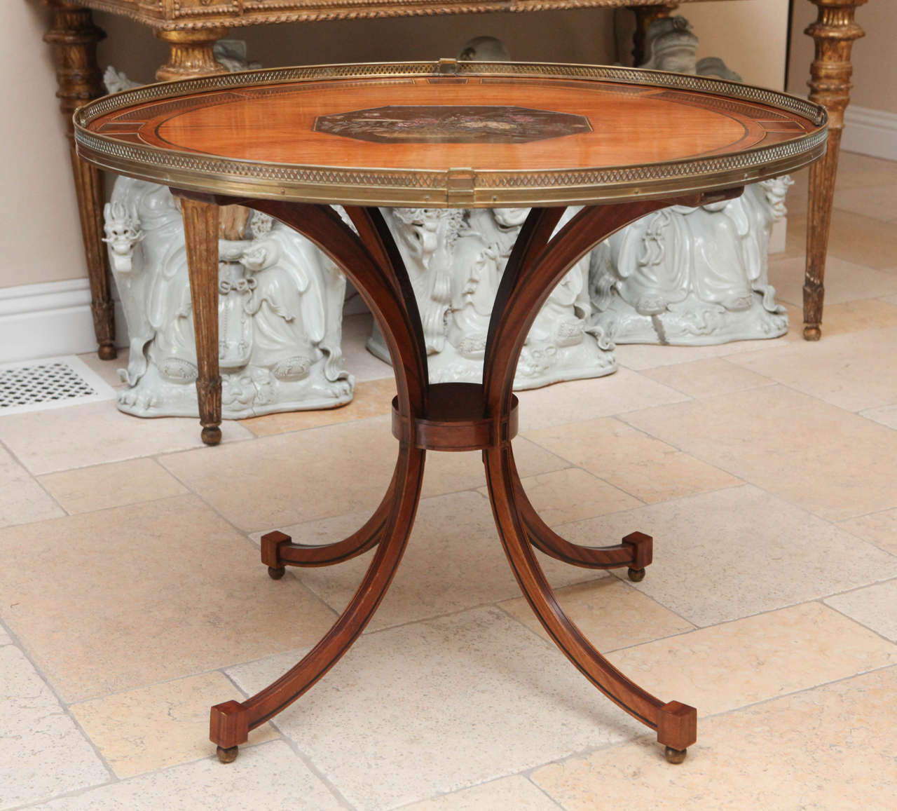 1820 English mahogany tea table or occasional table with Coramandel plaque insert. This table was originally purchased at Kentshire Gallery.