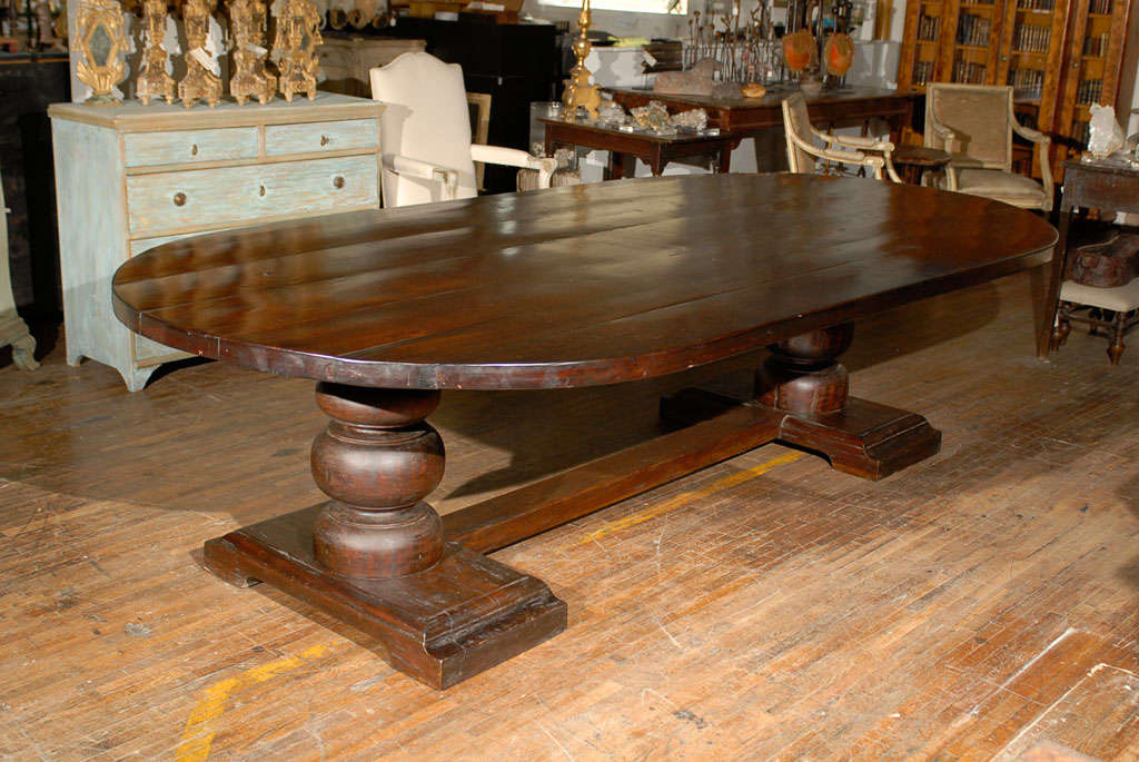 Oval Dining Room Trestle Table with Hand-Carved Base For Sale 3