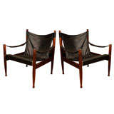 Pair Of  Pierre Chapo Campaign Black Leather and Rosewood Chairs