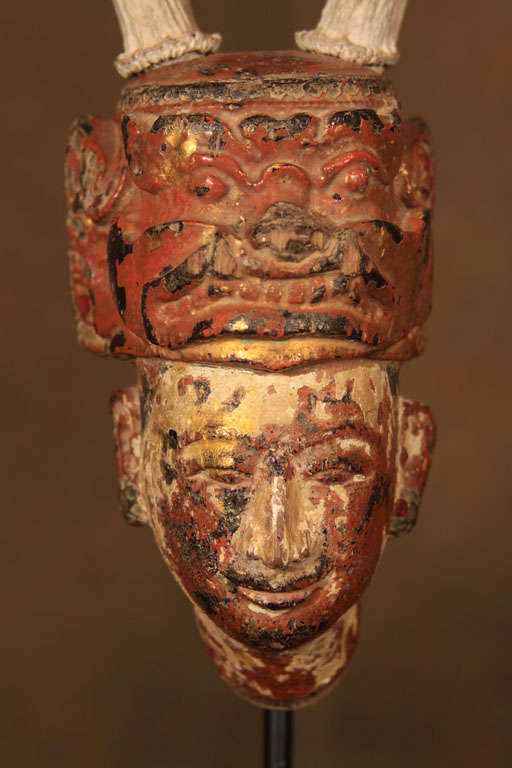 20th Century Burmese Carved Wood Nat Head with Antlers