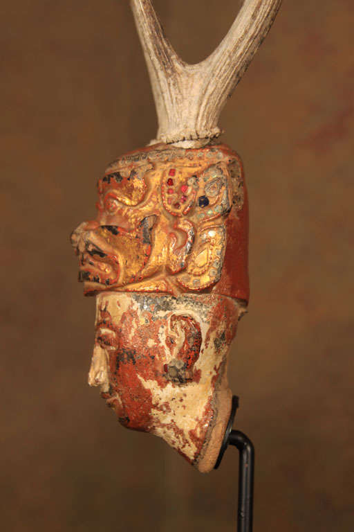 Burmese Carved Wood Nat Head with Antlers 3