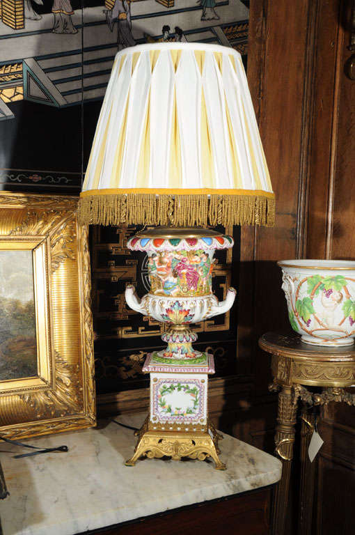 Italian Capo de Monte porcelain urn lamp with French gilt bronze base
