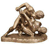 Silvered Bronze Wrestlers Sculpture