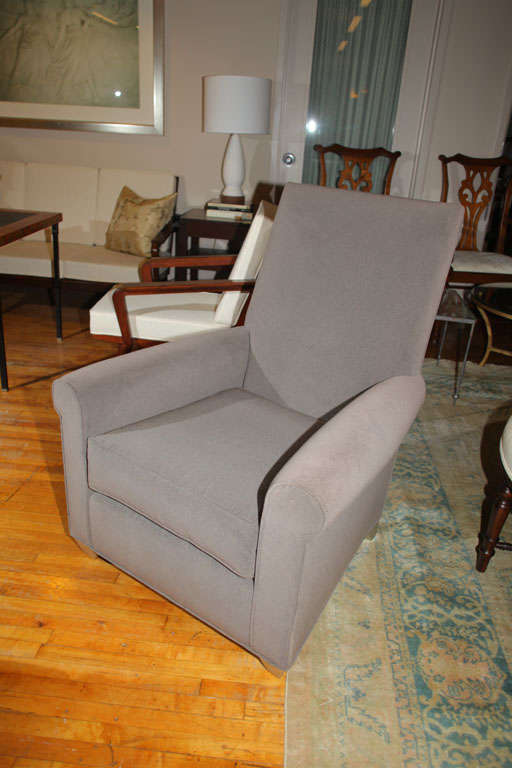 Pale Grey Upholstered Chair & Ottoman In Excellent Condition In New York, NY