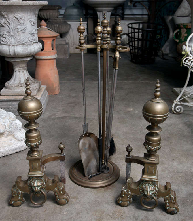 Are you ready for the holidays? Put the finishing touches on your library or dining room fireplace with this classical set of ball top firedogs with ringed lion’s heads and matching tools. In very heavy cast brass and nickel and with a warm mellow
