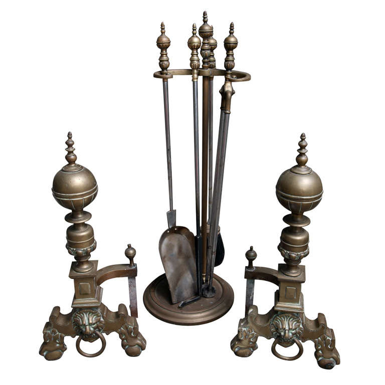 Heavy 19th Century English Brass and Nickel Fireplace Set For Sale