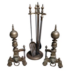 Antique Heavy 19th Century English Brass and Nickel Fireplace Set