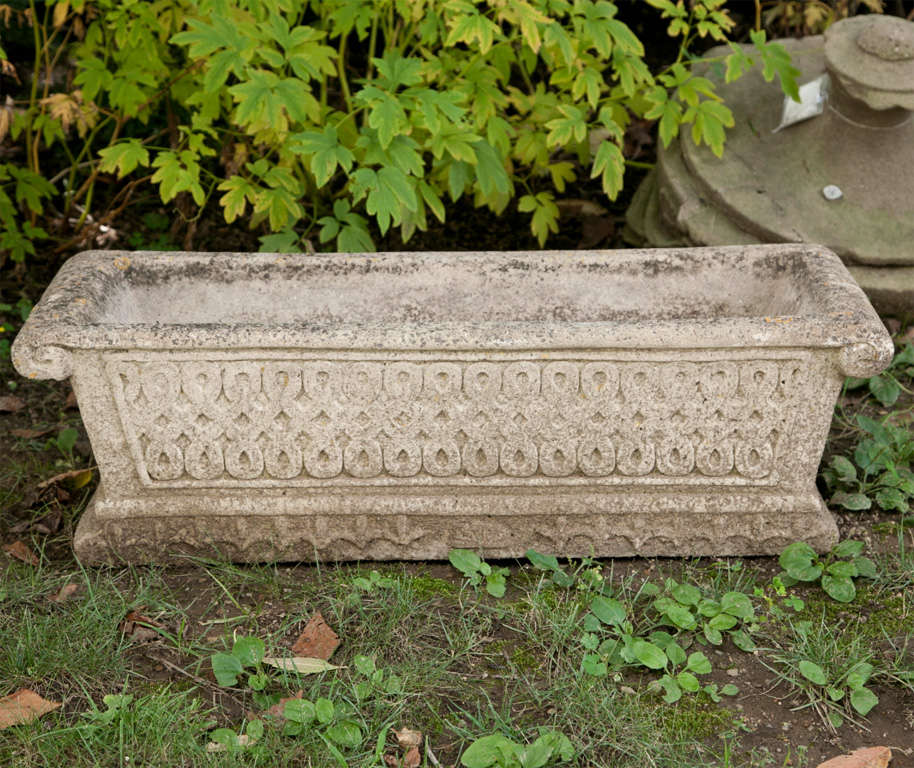 These are elegant large cast stone planters and a lot of bang for the buck!  With excellent casting detail, scrolled corners, shell handles and classic Celtic motif, they have a good start on patinated surface with a light growth of lichen on the