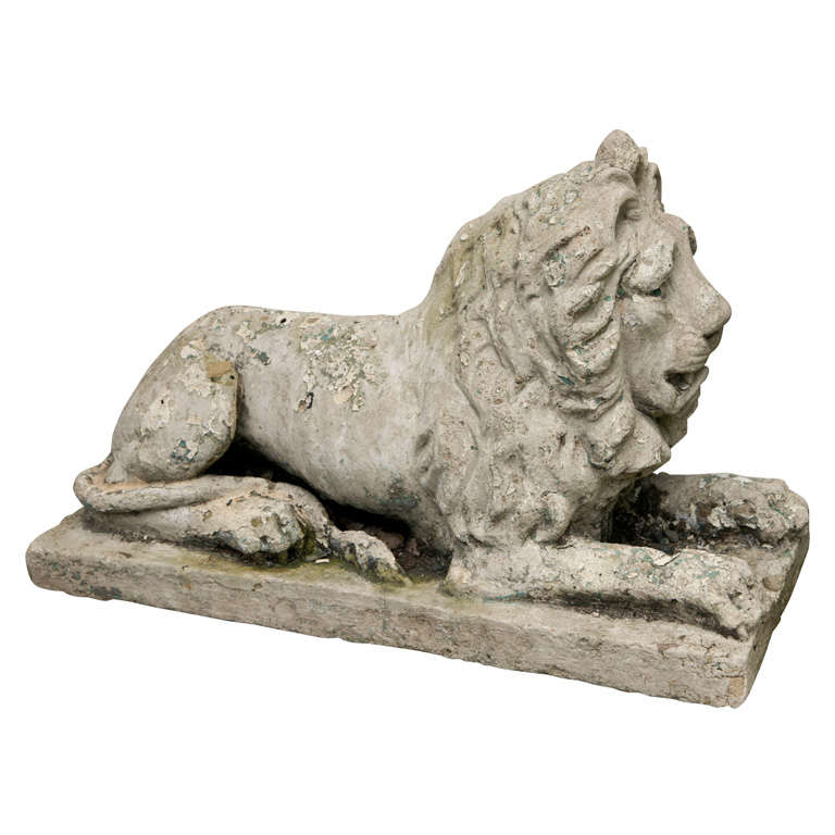 Pair Seated Cast Concrete Lions with Shields For Sale at 1stdibs