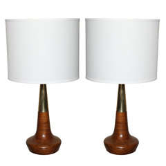 Pair of Mid Century Liteolier Walnut and Brass Lamps