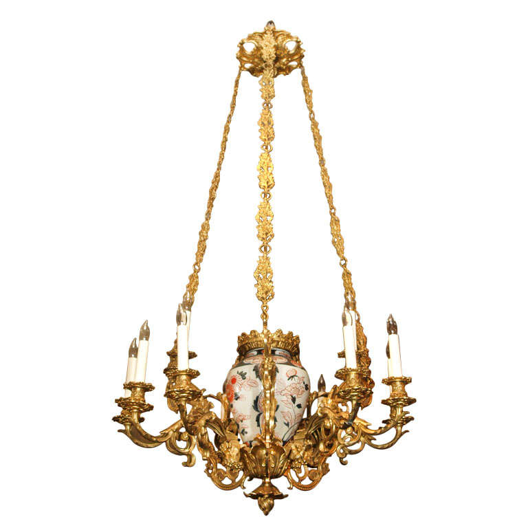 Antique French Bronze and Imari Porcelain Chandelier
