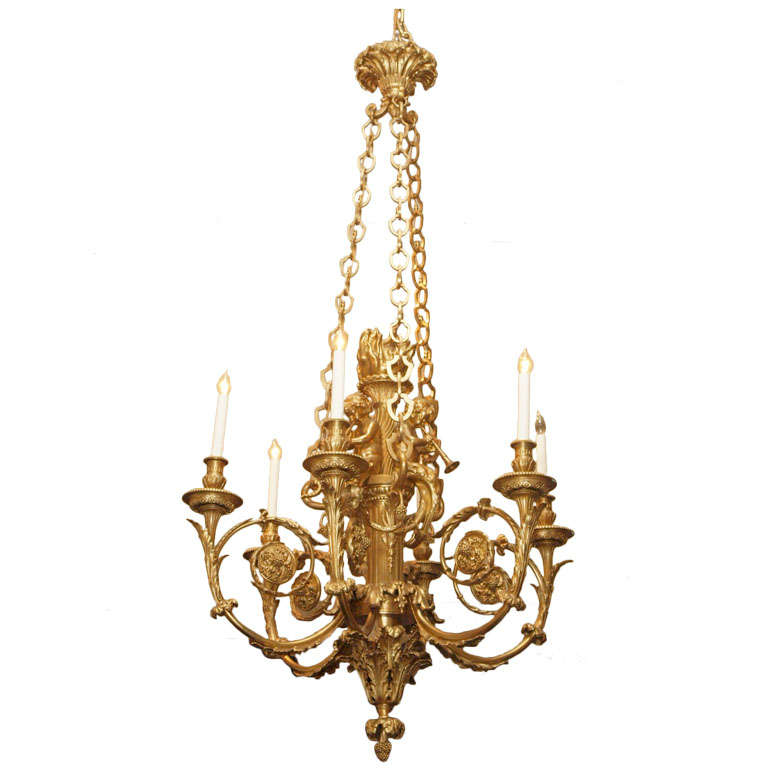 Magnifique lustre ancien en bronze doré « Marie-Antoinette » en vente