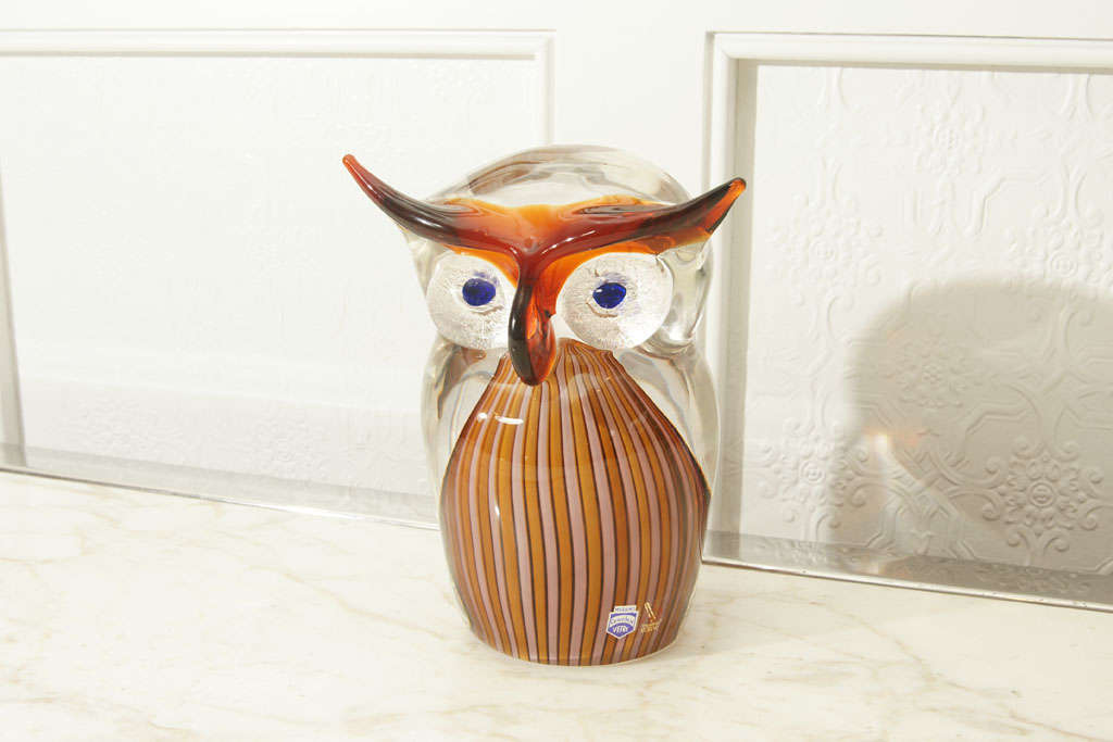 Spectacular large glass owl with original Cenedese label, in shades of amber/yellow/white & clear, with cobalt eyes. This piece weighs 13.5 pounds.