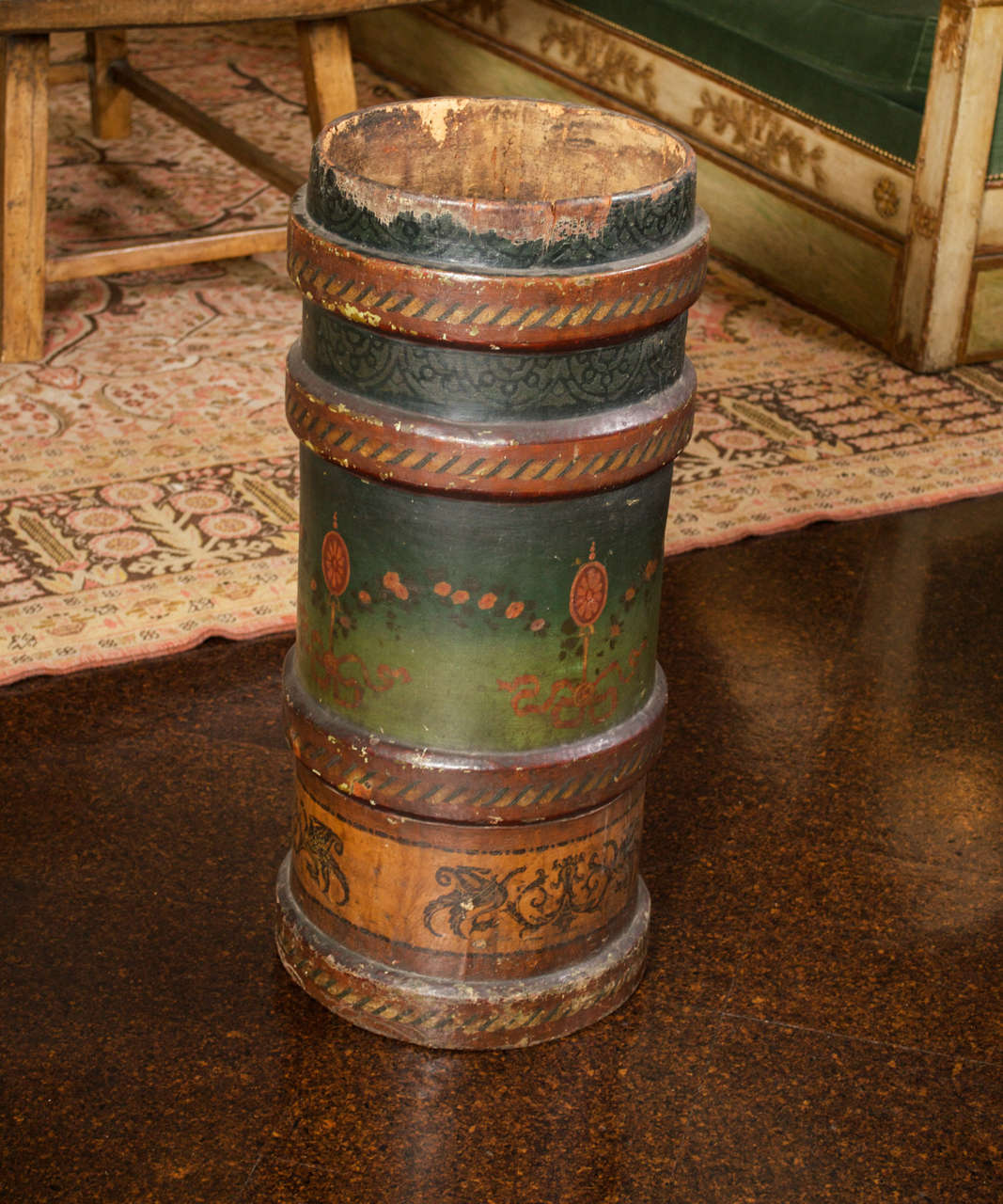 Very large green and brown leather and cork artillery bucket, English circa 1880