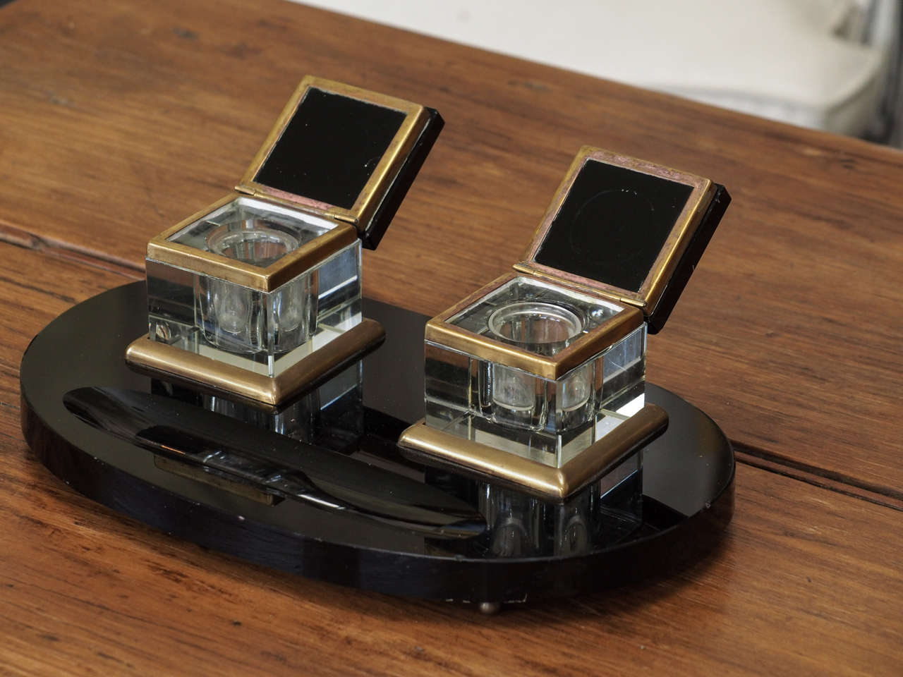 Bronze Early 20th C French Art Deco Black Marble Crystal & Brass Desk Set with Blotter For Sale
