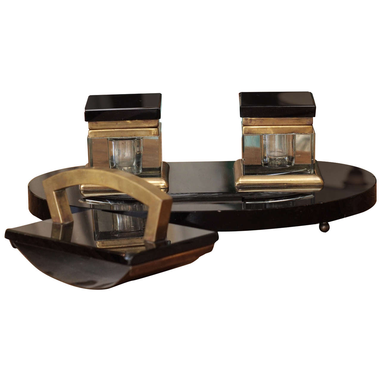 Early 20th C French Art Deco Black Marble Crystal & Brass Desk Set with Blotter For Sale