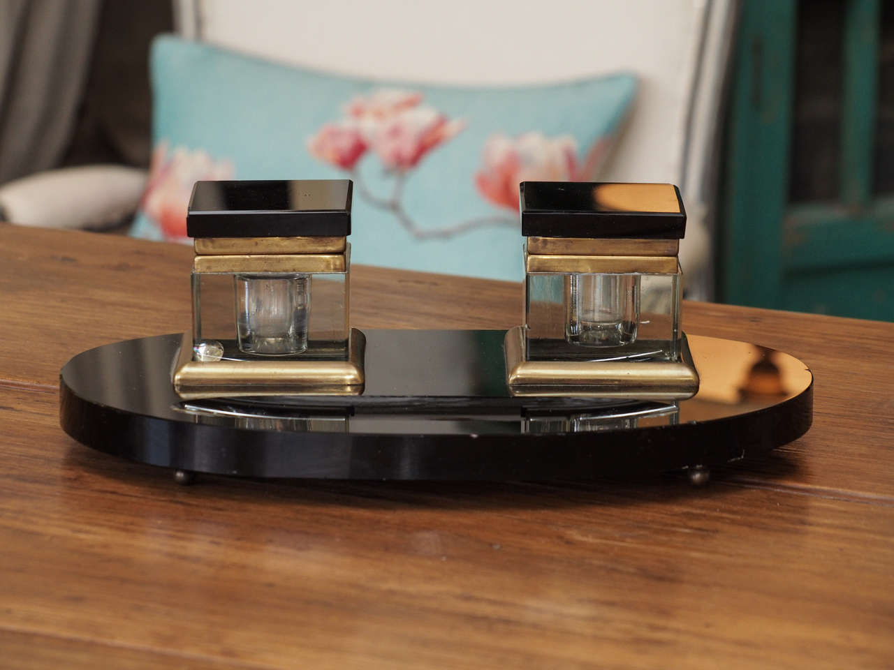 Early 20th C French Art Deco Black Marble Crystal and Brass Desk Set ...
