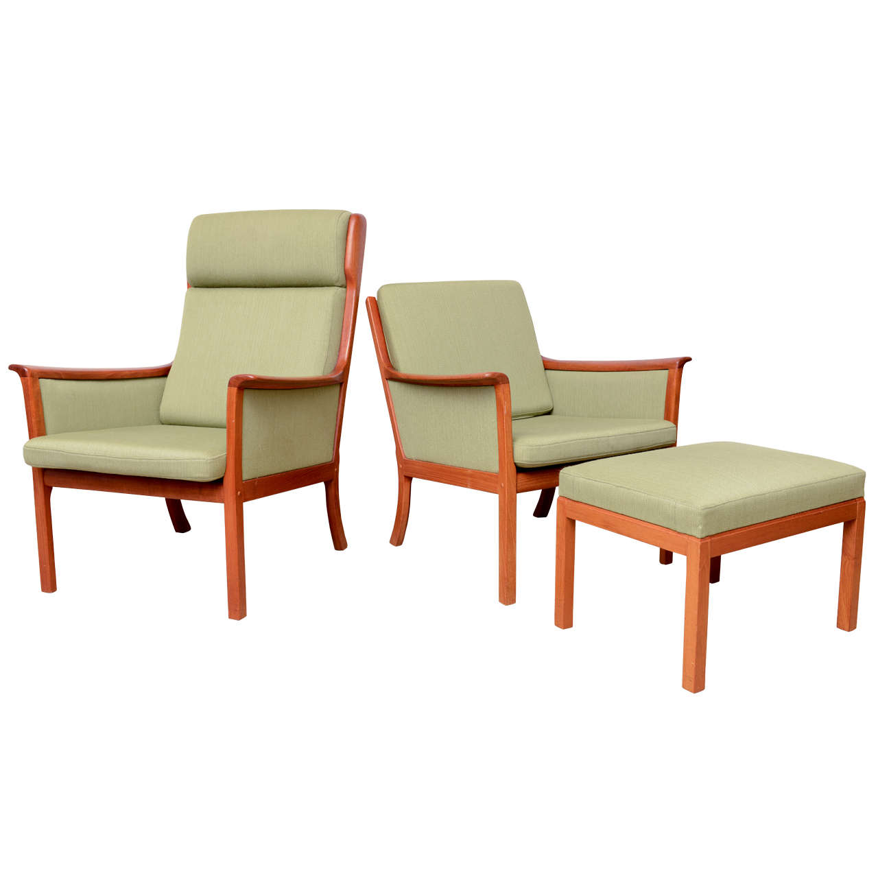 Pair of Danish Armchairs with Foot Stool in Teak by Ole Wanscher