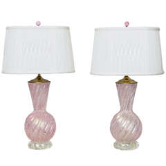 Pair of Pink Vintage Murano Lamps attributed to Barovier e Toso