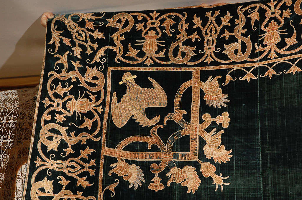 19th Century 19th C. Stunning Embroidered Silk Velvet Coverlet/Tapestry