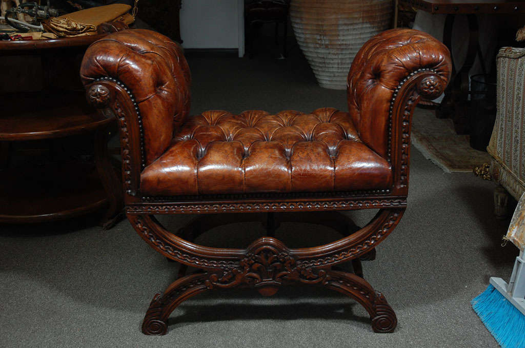 Carved Italian Leather Tufted Bench C. 1900's
